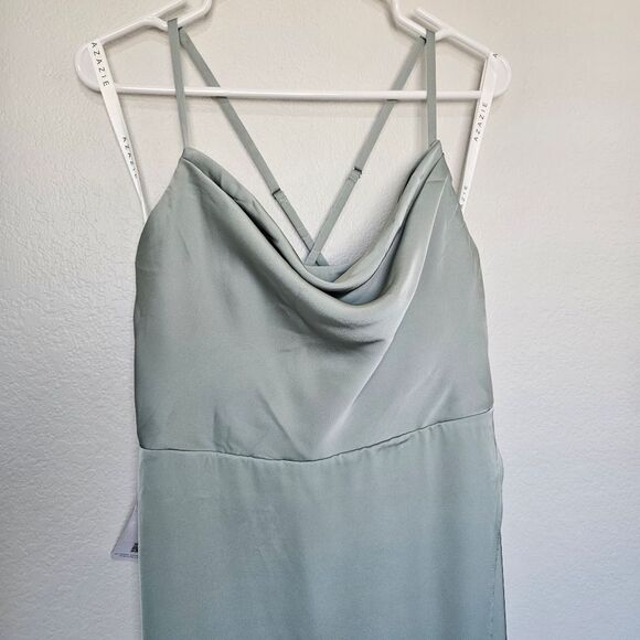 NWT Azazie Naomie Agave A-Line Cowl Neckline Side Slit Stretch Satin Dress, A14 - Picture 3 of 12